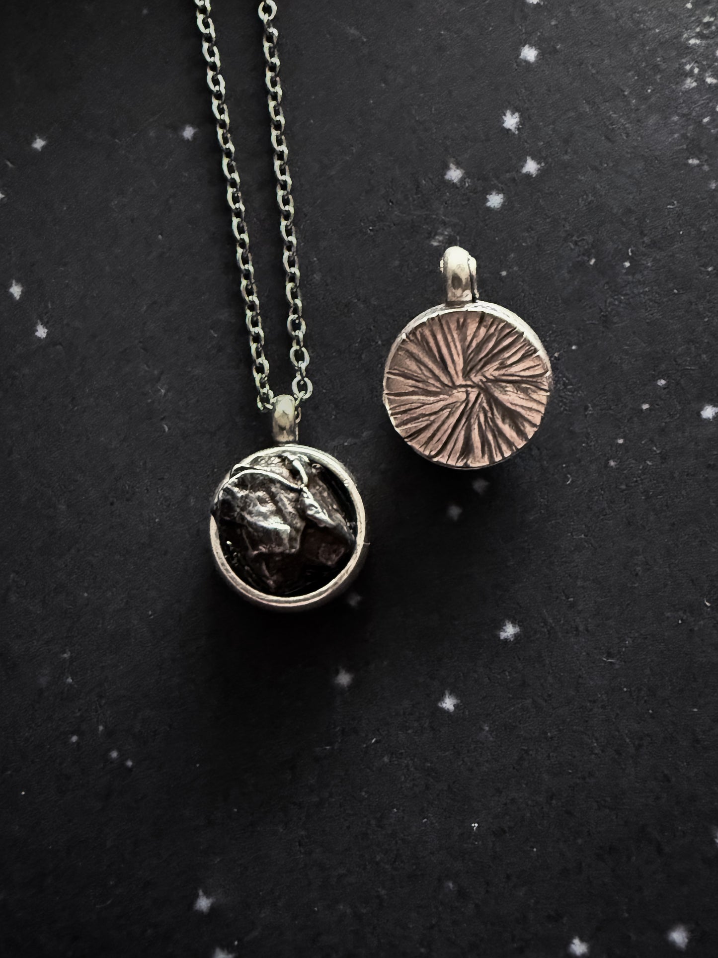 Small Round Meteorite Pendant Necklace in Matte Brushed Silver