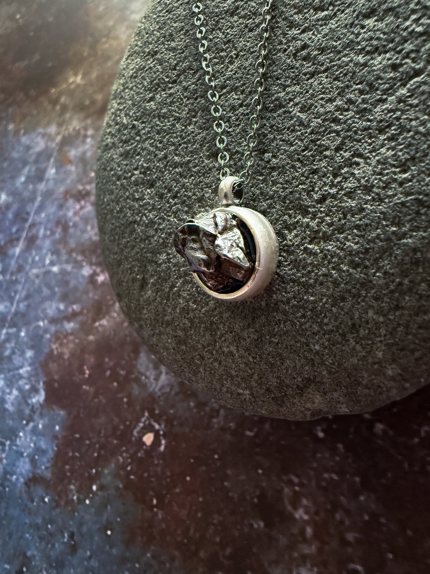 Small Round Meteorite Pendant Necklace in Matte Brushed Silver