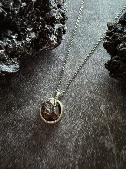 Small Round Meteorite Pendant Necklace in Matte Brushed Silver