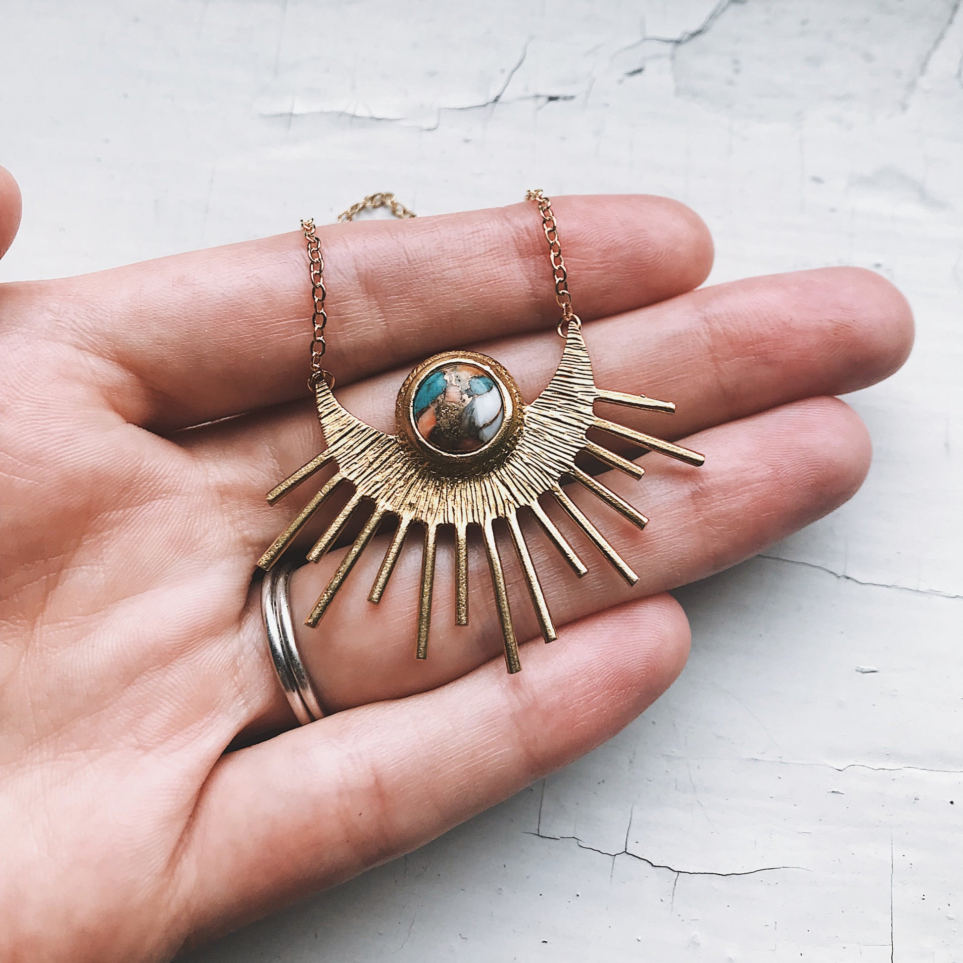Sun Goddess Necklace - Sun Pendant with Copper Oyster Turquoise Silver Tone