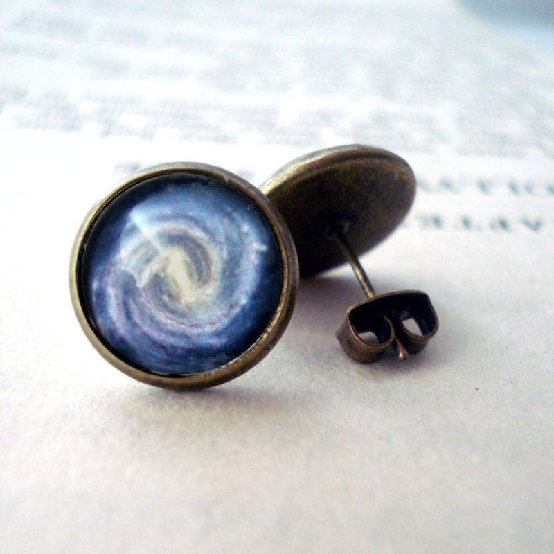 Tiny galaxy earrings with sterling silver hooks and crescent moon opals, Silver fumed Borosilicate space earrings, top Space jewelry